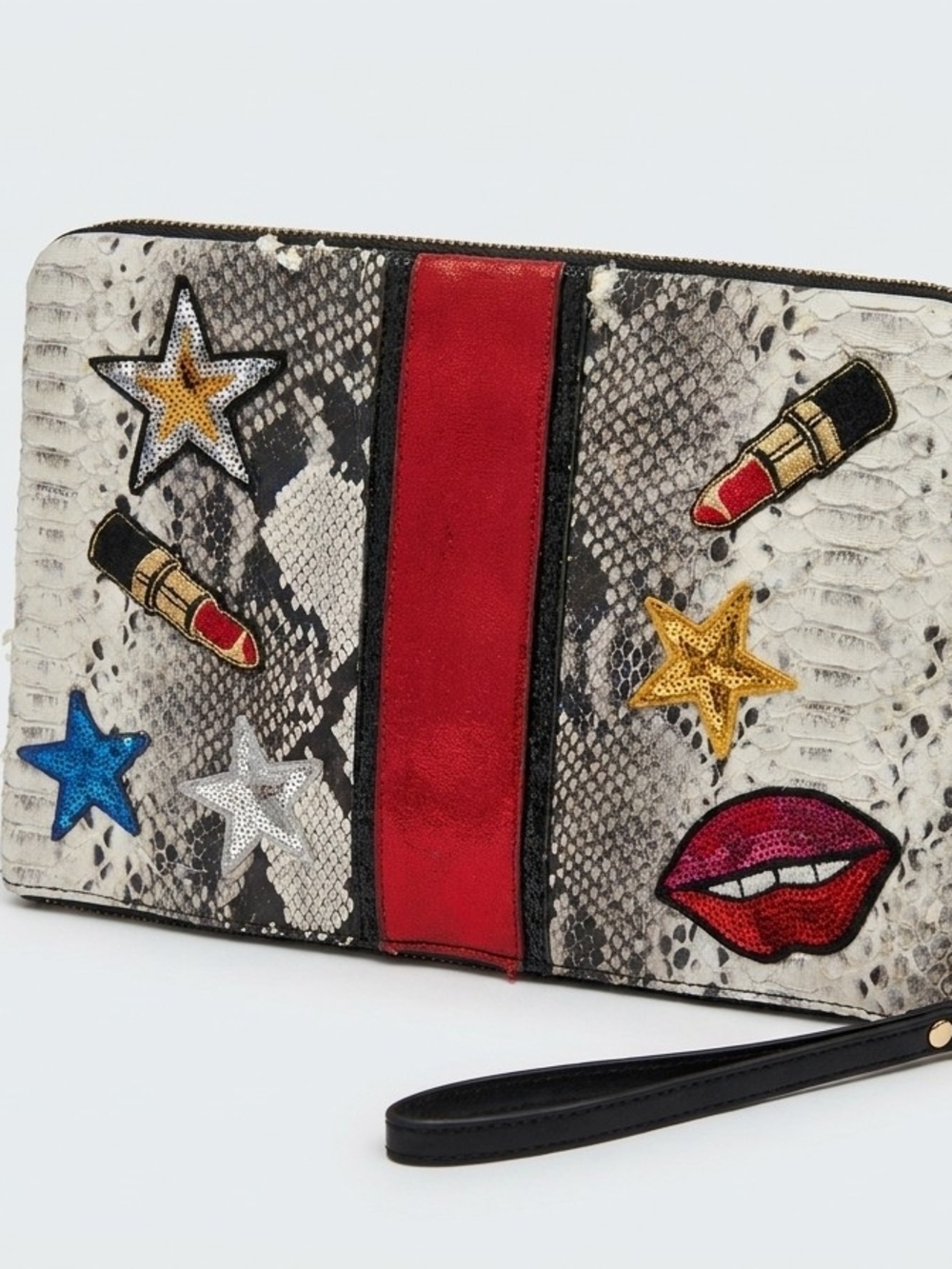 Aldo Snake-Print Wristlet Clutch with Red Center Stripe and Multi-Color Patches